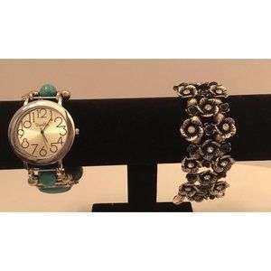 Bumbles Designer Watch Silver Toned/Turquoise with Detachable Floral Band